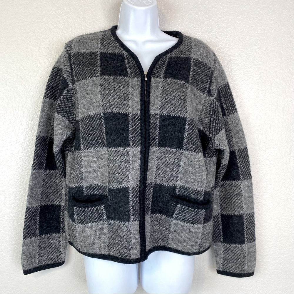 Chelsea Campbell 100% Wool Grey/Black Checkered Zip Up Sweater Size L